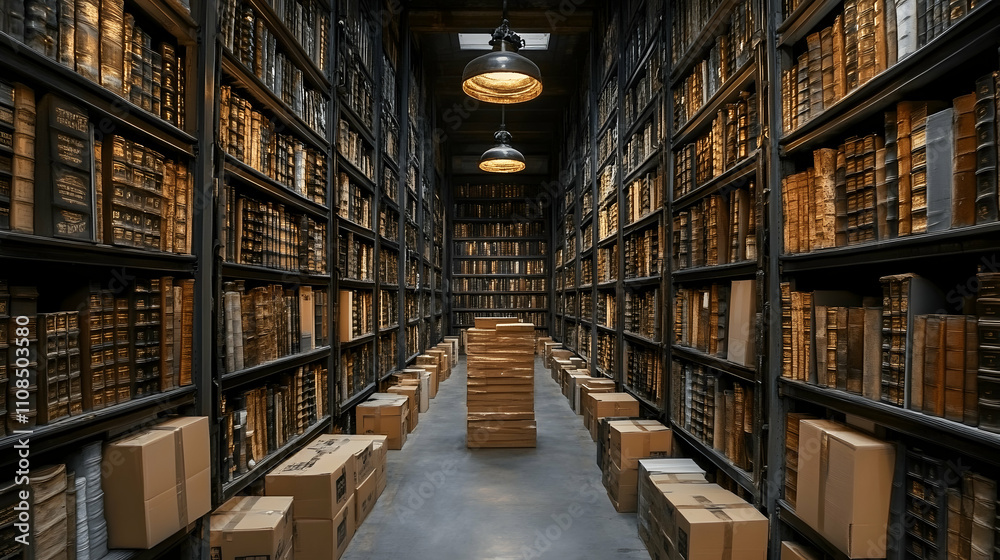 Obraz premium Antique Library Interior with Tall Bookshelves and Wooden Boxes