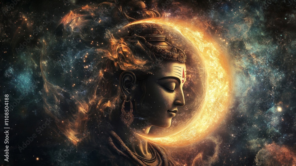 Cosmic Portrait of Shiva with a Crescent Moon Halo Cosmic Portrait of Shiva with a Crescent Moon Halo