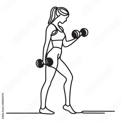 One continuous single drawing black line art doodle of a person performing squats with a barbell, illustration on white background