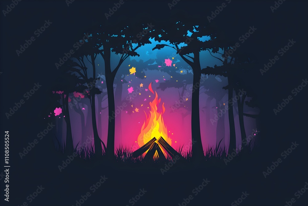 Fototapeta premium Neon forest silhouette with colorful bonfire isolated on black background.