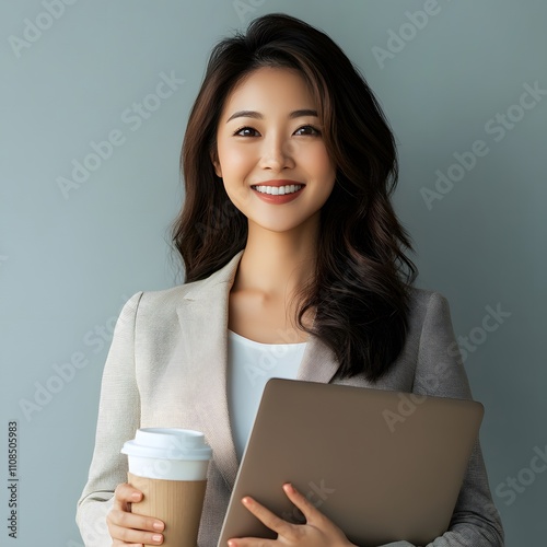 A portrait of a happy Asian middle-aged couple smiling warmly at the camera, set against a plain, isolated background. photo