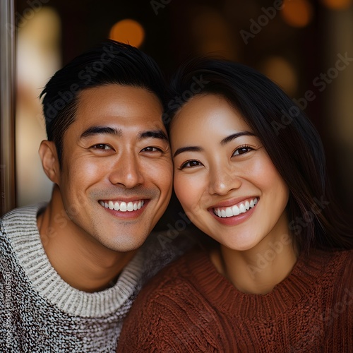 A portrait of a happy Asian middle-aged couple smiling warmly at the camera, set against a plain, isolated background. photo