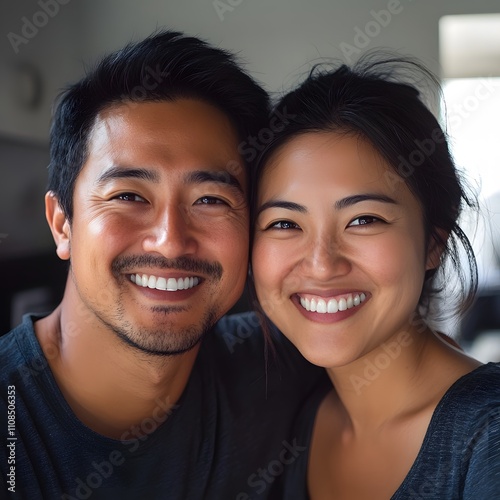A portrait of a happy Asian middle-aged couple smiling warmly at the camera, set against a plain, isolated background. photo
