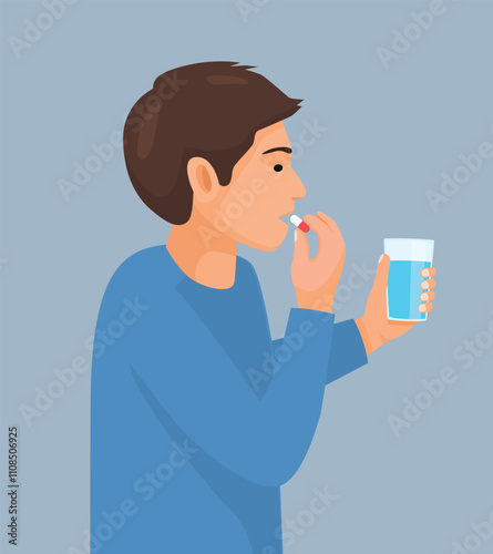 Sick man taking medicine capsule with a glass of water
