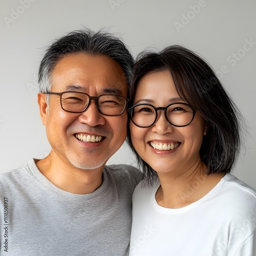 A portrait of a happy Asian middle-aged couple smiling warmly at the camera, set against a plain, isolated background. photo