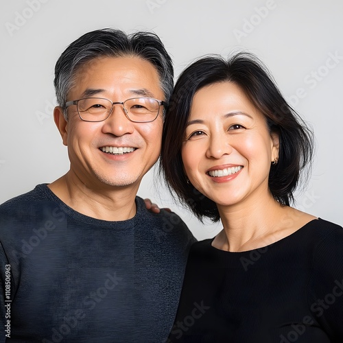 A portrait of a happy Asian middle-aged couple smiling warmly at the camera, set against a plain, isolated background. photo