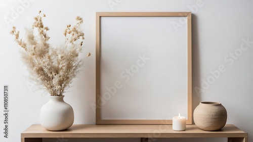 Landscape wooden frame mockup with copy space for artwork, photo or print presentation. White wall and vase with dry gypsophila flower decoration.