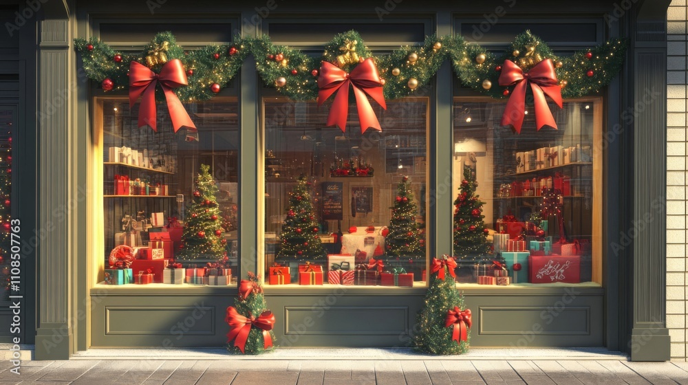 Fototapeta premium Festive Storefront Display with Christmas Trees, Gifts, and Bows