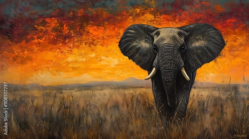 Majestic elephant portrait at sunset african savanna wildlife art scenic environment front view nature's beauty photo