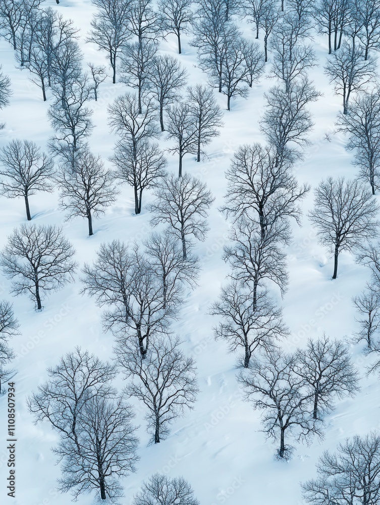 Obraz premium Aerial View of Leafless Trees Standing in a Snow-Covered Landscape, Capturing the Tranquility and Beauty of Winter’s Frozen Environment with Soft Light and Shadows