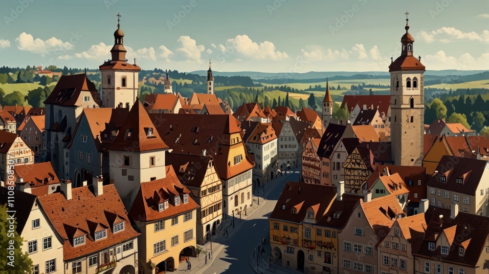 Obraz premium Here's a possible and keyword list for your image.. Panoramic view of a charming medieval town on a sunny day.