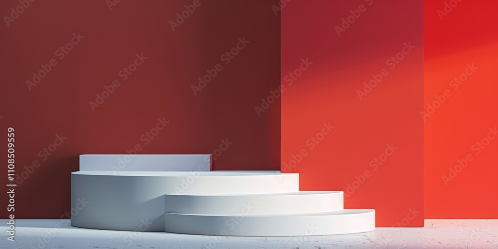 Obraz premium A striking minimalist scene featuring a white staircase set against a vibrant red wall, showcasing modern architectural aesthetics.
