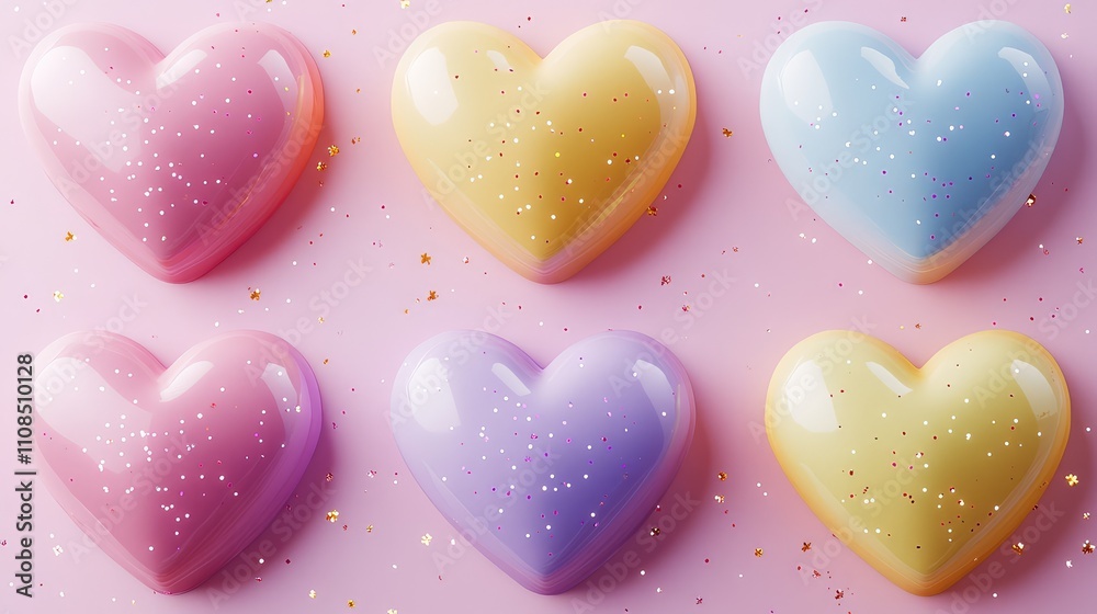 Fototapeta premium Colorful Glossy Hearts with Glitter on a Soft Pink Background