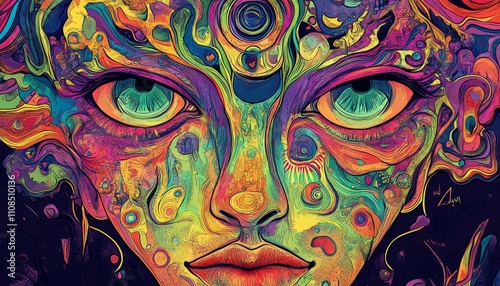 Psychedelic Portrait Illustration. Psychedelic Face. Colorful Abstract Female Face. Surrealist Art Background. Abstract Face Art Background.