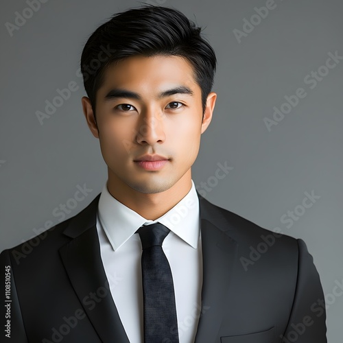 A portrait of a young Asian businessman in formal wear, exuding confidence and professionalism, with an isolated background emphasizing his poised and assertive demeanor. photo