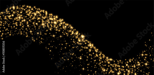 Golden stars and sparkles, magic star dust background, light effect with flares. Shiny particles, glowing shimmer. Holiday decoration. Vector illustration.