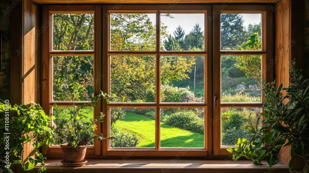Fototapeta premium Beautiful Green Garden View Through Wooden Window Frame Surrounded by Lush Plants and Sunlight in a Tranquil Scenic Environment