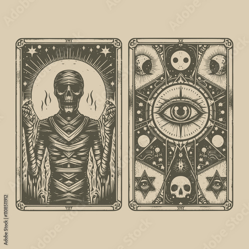 celestial mummy tarot card tattoo illustration