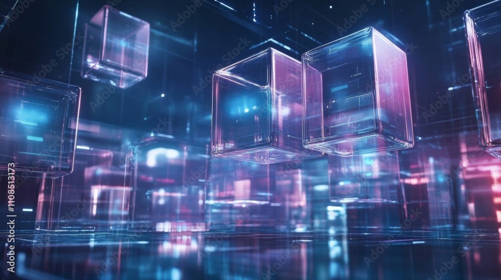 Obraz premium Glowing, Transparent Cubes in a Futuristic, Digital Landscape