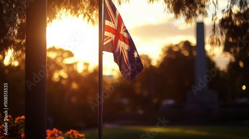 Australian flag at half-mast, with a solemn national memorial in the background.