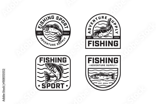 sea trout fish with various poses silhouette badge logo design set. trout fish with some poses illustration emblem design element collection for fish shop, fishing sport and competition