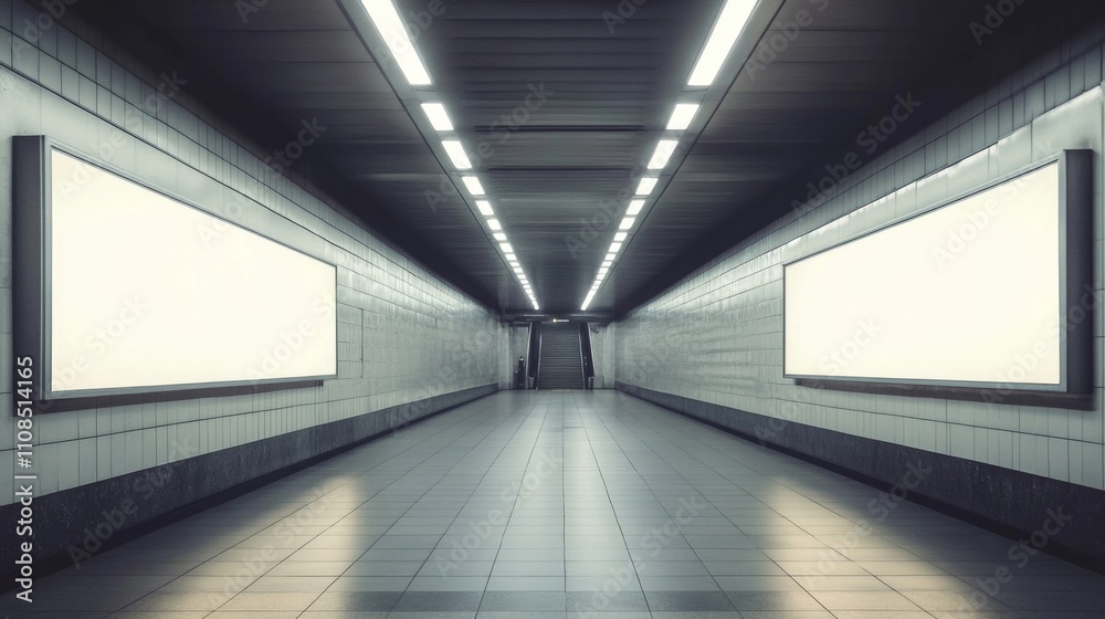 Obraz premium Empty Subway Tunnel with Blank Advertisements