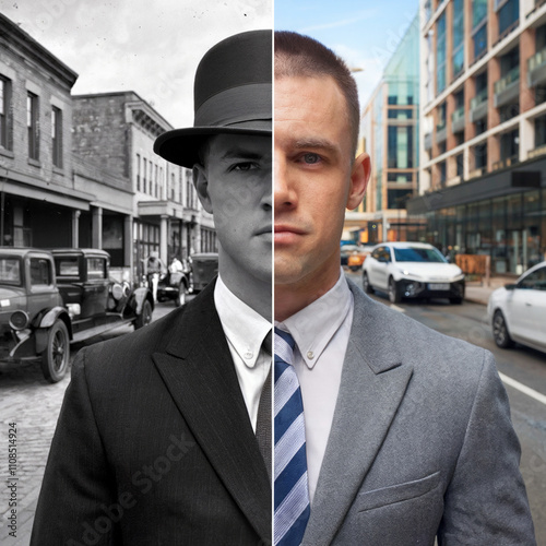 Old to New technology Illustration transition change over time compare vintage businessman city concept