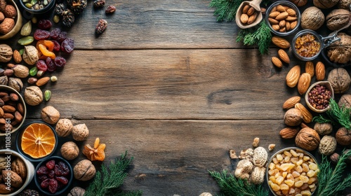 Dried Fruits, Nuts, and Seeds Bordering Rustic Wooden Background photo