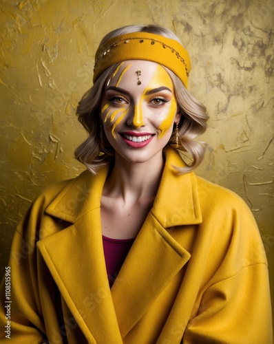 Young Woman with Yellow Face Paint Cavorting in Warm Tones photo