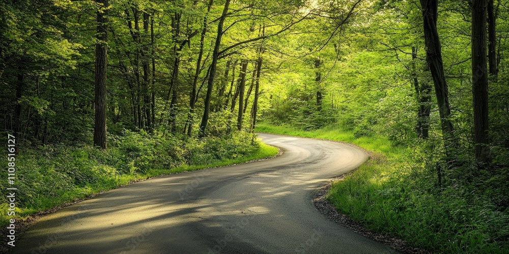 Fototapeta premium A winding road snaking into a dense forest, vibrant green foliage, dramatic shadows, light beams filtering through the canopy, serene natural beauty