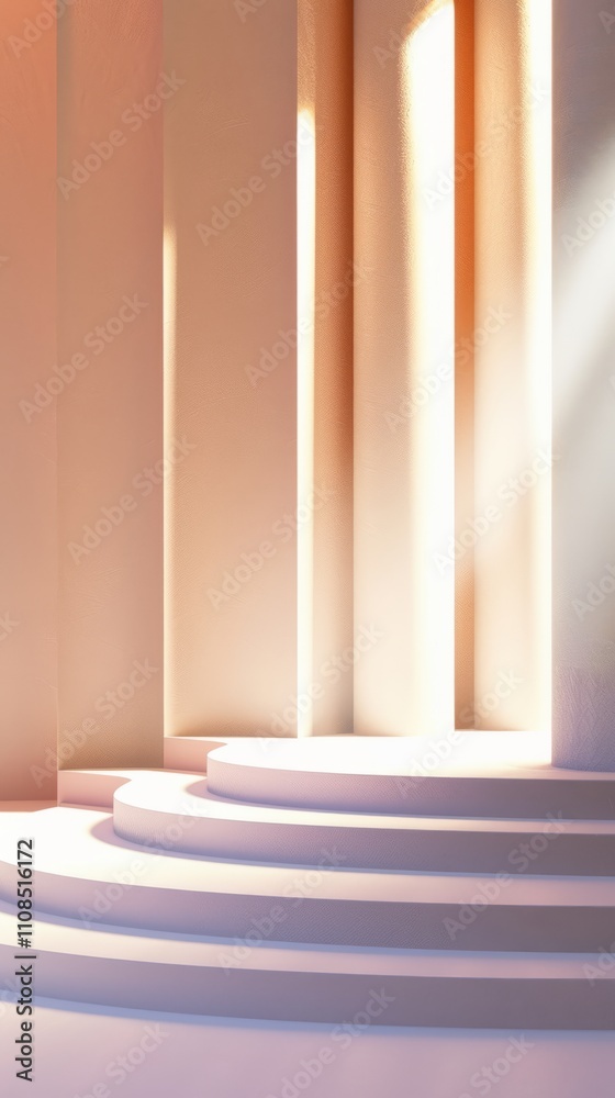Abstract interior with curved steps and soft pastel tones, illuminated by sunlight, creating a serene and modern atmosphere. Abstract interior with curved steps and soft pastel tones, illuminated by sunlight, creating a serene and modern atmosphere.