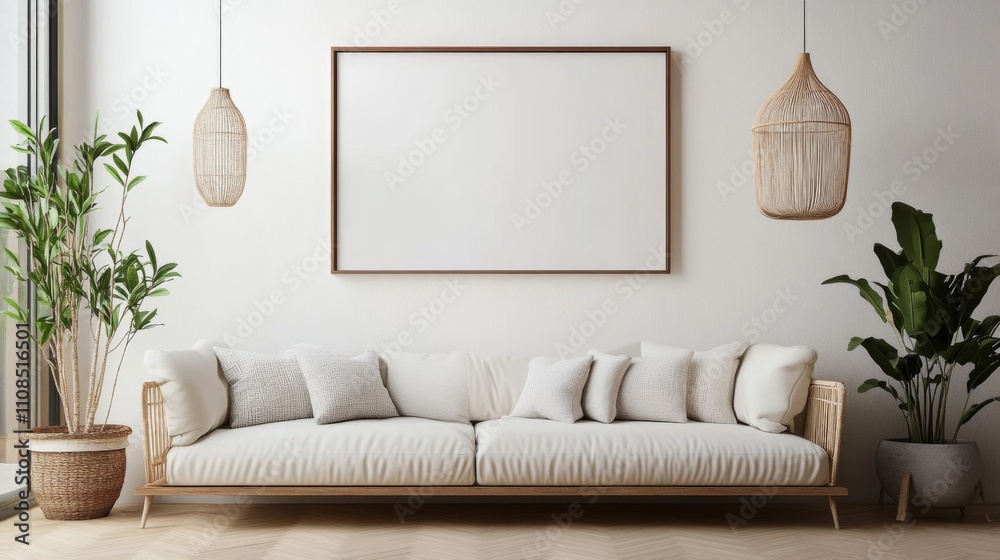 Minimalist Living Room with White Sofa and Empty Frame Minimalist Living Room with White Sofa and Empty Frame