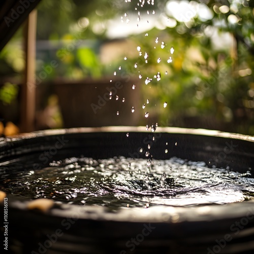 A rainwater harvesting barrel brimming with collected water, illustrating the effectiveness and sustainability of capturing rainwater for various uses. photo