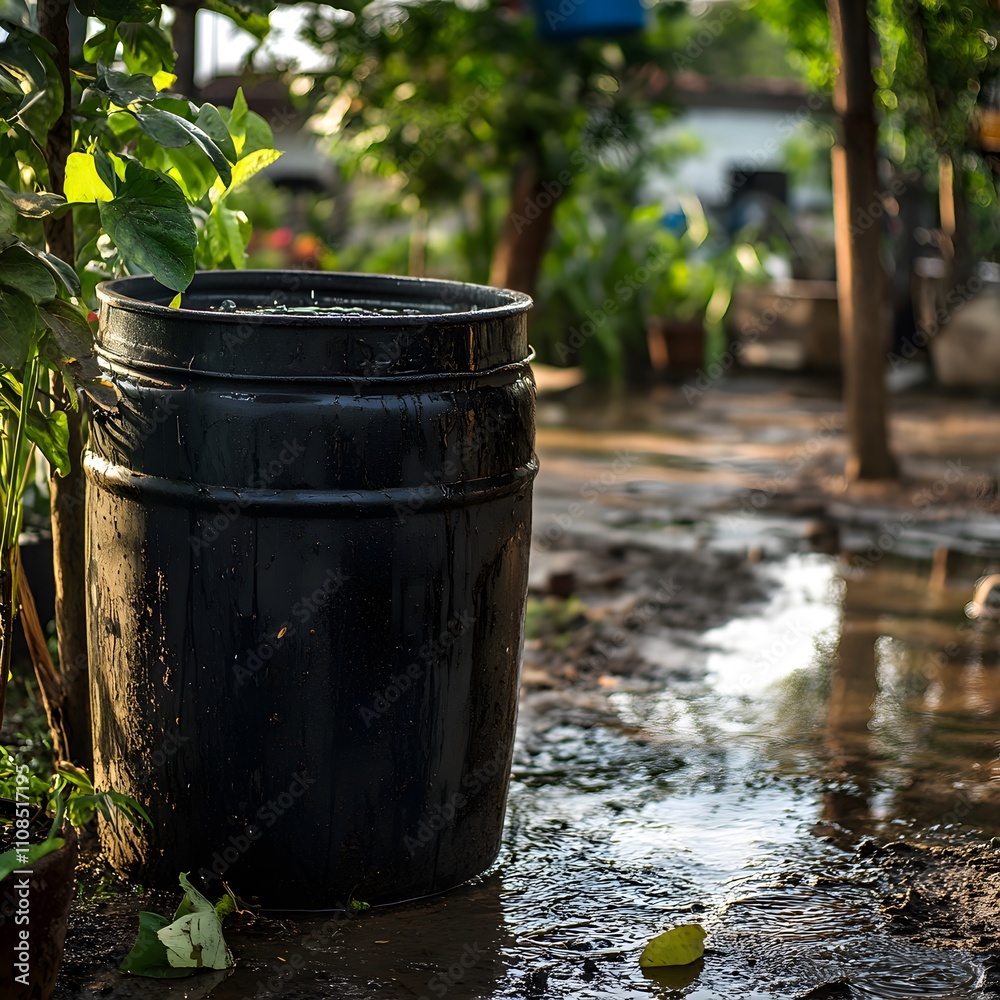 A rainwater harvesting barrel brimming with collected water, illustrating the effectiveness and sustainability of capturing rainwater for various uses. A rainwater harvesting barrel brimming with collected water, illustrating the effectiveness and sustainability of capturing rainwater for various uses.