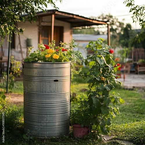 A rainwater harvesting barrel brimming with collected water, illustrating the effectiveness and sustainability of capturing rainwater for various uses. photo