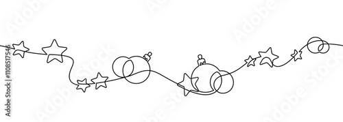 christmas decoration stars and baubles ornament one line drawing minimalism seamless