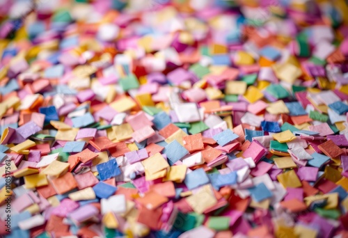 A scattering of colorful confetti in a close up shot