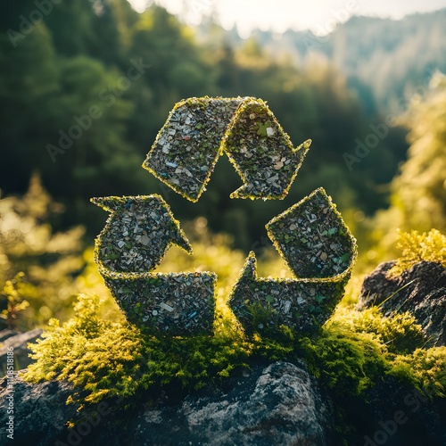 A recycling symbol set against a nature background, representing the eco-friendly concept of recycling. photo