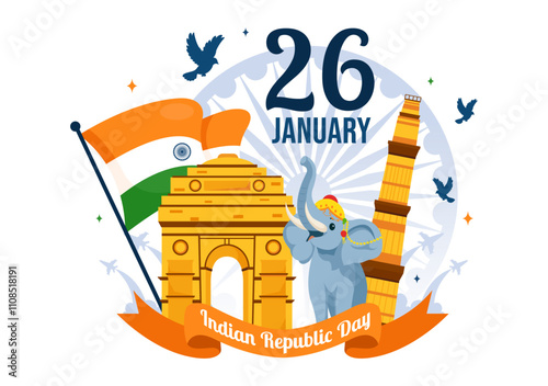 Happy India Republic Day Vector Illustration on 26 January Featuring the Indian Flag and India Gate in a National Holiday Celebration Flat Background