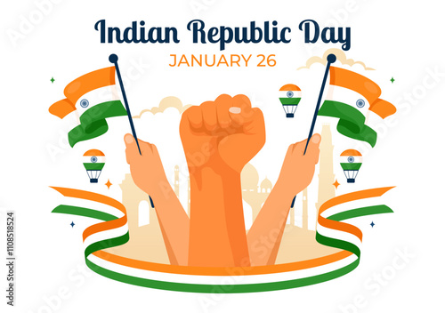 Happy India Republic Day Vector Illustration on 26 January Featuring the Indian Flag and India Gate in a National Holiday Celebration Flat Background