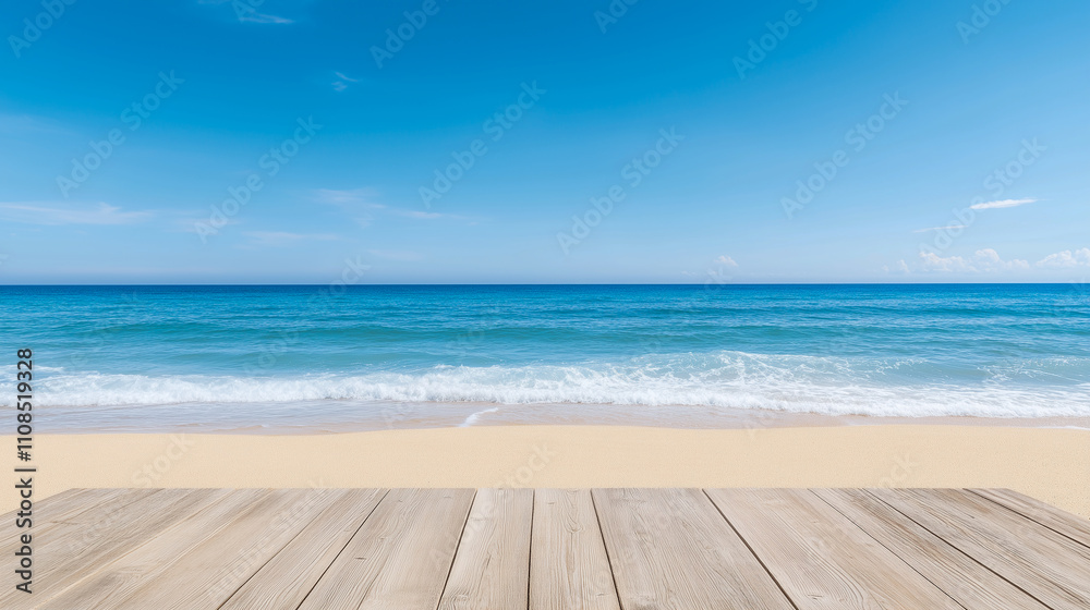 Fototapeta premium Wooden floor or plank on sand beach in summer. For product display.Calm Sea and Blue Sky Background