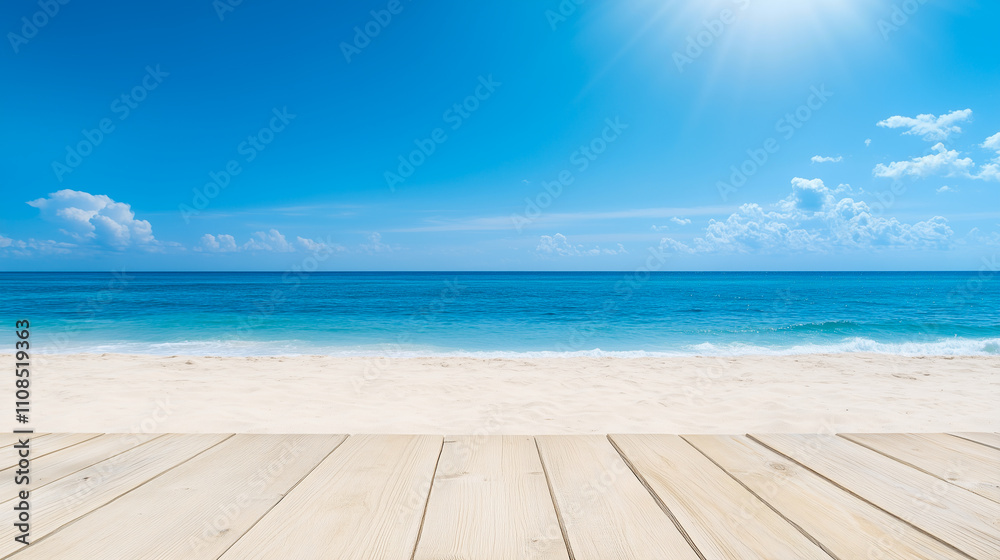 Fototapeta premium Wooden floor or plank on sand beach in summer. For product display.Calm Sea and Blue Sky Background
