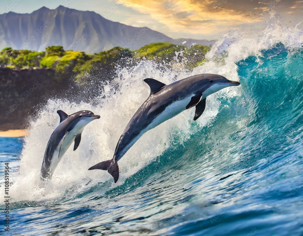 Obraz premium Playful dolphins jumping over breaking waves. Hawaii Pacific Ocean wildlife scenery. Marine animals in natural habitat.