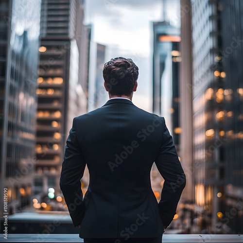 A back view of an executive business man standing in a modern, bustling city, gazing into the distance while envisioning future success. photo