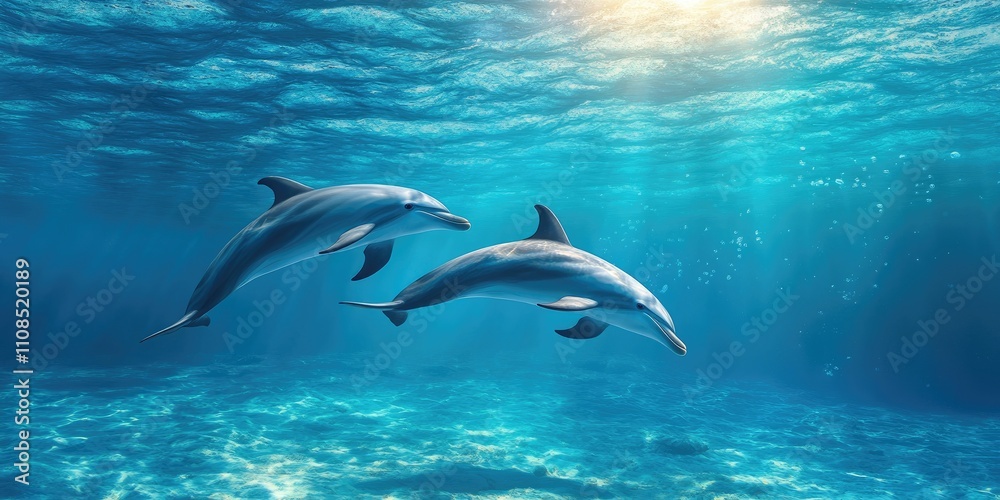 Naklejka premium Wild dolphins swimming near the sea surface