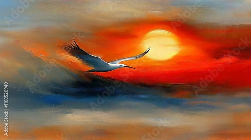 Stunning Sunset Over the Ocean with Silhouetted Birds and Vibrant Orange Sky