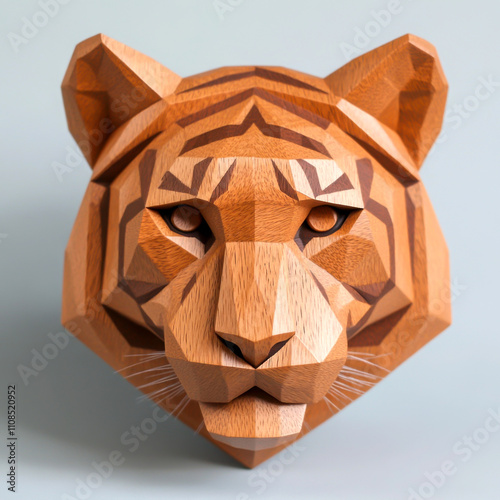 Wooden tiger head sculpture featuring geometric design and detail. photo