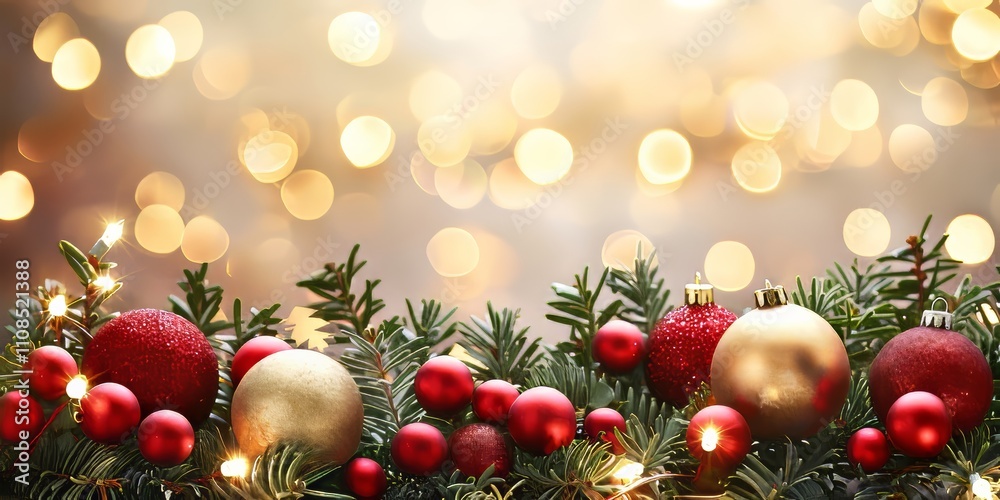 Fototapeta premium A festive Christmas garland adorned with red and gold ornaments and twinkling lights, set against a warm bokeh background.