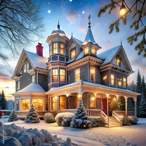 Victorian Elegance SnowCloaked UK Suburb with Shimmering Christmas Decorations photo
