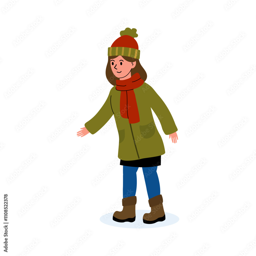 Young woman walks in winter attire with a cheerful expression in a snowy environment Young woman walks in winter attire with a cheerful expression in a snowy environment